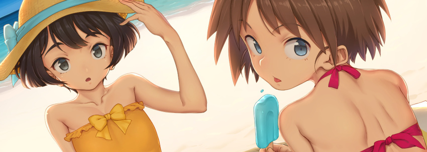 2girls aya_shachou bare_shoulders beach bikini black_hair blue_eyes brown_hair casual_one-piece_swimsuit day fanbox_banner flat_chest food girls_und_panzer grey_eyes hat highres looking_at_viewer multiple_girls one-piece_swimsuit outdoors popsicle sakaguchi_karina short_hair sun_hat swimsuit tongue tongue_out utsugi_yuuki