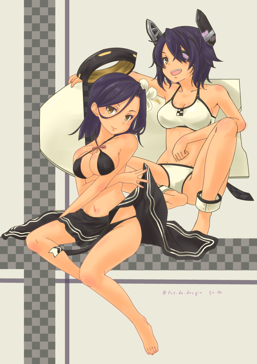 2girls absurdres bikini black_bikini black_hair black_sarong bodyboard breasts brown_eyes checkered_necktie criss-cross_halter eyepatch halo halterneck headgear highres kantai_collection kickboard large_breasts mechanical_halo multiple_girls necktie official_alternate_costume pot-de sarong swimsuit tatsuta_(kancolle) tatsuta_(swimsuit_mode)_(kancolle) tatsuta_kai_ni_(kancolle) tenryuu_(kancolle) tenryuu_(swimsuit_mode)_(kancolle) unworn_necktie white_bikini