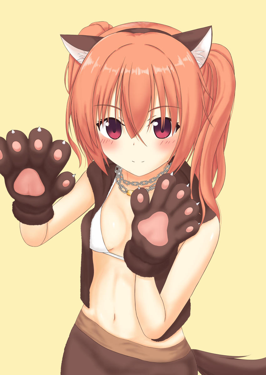 absurdres animal_ear_fluff animal_ears animal_hands blush bra breasts breasts_apart brown_skirt brown_vest chain_necklace chains claws closed_mouth commentary_request cowboy_shot fake_animal_ears fake_tail female fur-trimmed_vest fur_trim gloves hair_between_eyes halloween_costume hands_up highres inaba_meguru jewelry long_hair looking_at_viewer maruchicken20 navel necklace official_alternate_costume official_alternate_hairstyle open_clothes open_vest orange_hair paw_gloves red_eyes sanoba_witch sidelocks simple_background skirt small_breasts smile solo split_mouth stomach tail tsurime twintails underwear vest white_bra wolf_ears wolf_tail yellow_background