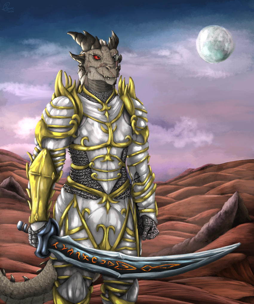 absurd_res anthro armor chainmail concept_art desolate_landscape draconic_humanoid eye_patch eyewear female gold_(metal) hi_res horn landscape mantoan moon morning red_eyes runeblade scalecommander_tesh scar secrets_of_uncrom silver_(metal) sky solo spiked_tail spikes spikes_(anatomy) standing tail uncrom yenocwolf