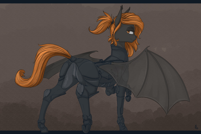 3:2 armor bat_pony clothed clothing digital_media_(artwork) equid equine fan_character female feral hair hasbro hi_res horse mammal membrane_(anatomy) membranous_wings my_little_pony orange_eyes orange_hair pony ponytail simple_background sneaking_suit solo stray_prey wings