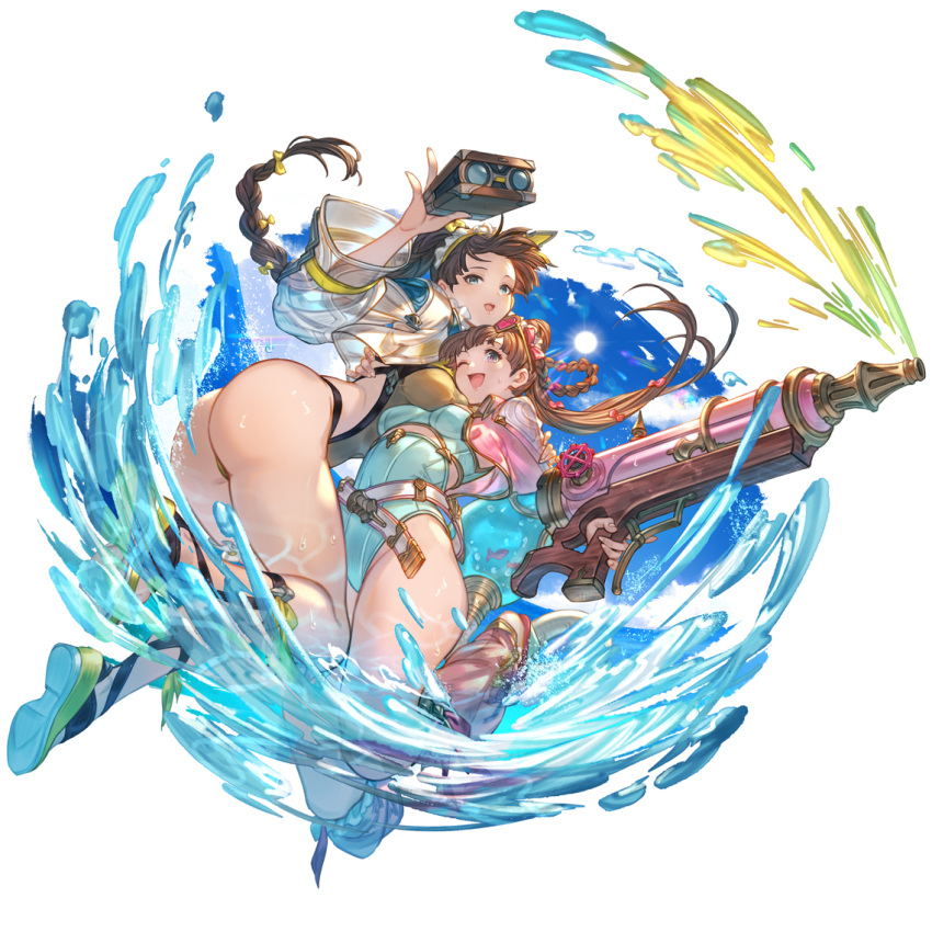 2girls :d ;d alpha_transparency ass belt binoculars blue_sky bow braid breasts brown_hair casual_one-piece_swimsuit claudia_(granblue_fantasy) cloud day dorothy_(granblue_fantasy) eyewear_on_head granblue_fantasy green_one-piece_swimsuit hair_bun hair_ornament hairbow heart heart-shaped_eyewear holding holding_weapon legs looking_at_viewer maid_headdress medium_breasts minaba_hideo multiple_girls official_art one-piece_swimsuit one_eye_closed open_mouth outdoors ponytail sandals see-through single_hair_bun sky smile sun sunglasses swimsuit transparent_background water weapon wet yellow_one-piece_swimsuit