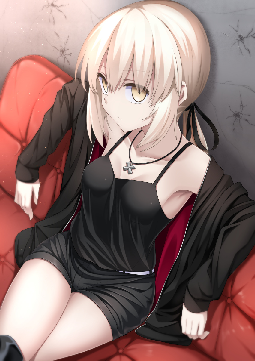 absurdres artoria_pendragon_(fate) belt black_camisole black_jacket black_ribbon black_shorts blonde_hair boots breasts bullet_hole camisole commentary_request couch cross cross_necklace fate/grand_order fate_(series) female highres hino_(2nd_life) jacket jewelry knee_boots looking_at_viewer low_ponytail necklace official_alternate_costume ribbon saber_alter saber_alter_(ver._shinjuku_1999)_(fate) short_shorts shorts sitting small_breasts solo white_belt yellow_eyes