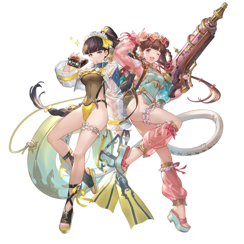 2girls alpha_transparency arm_up binoculars bow braid breasts bridal_garter casual_one-piece_swimsuit claudia_(granblue_fantasy) diving_mask dorothy_(granblue_fantasy) eyewear_on_head feet flippers full_body goggles granblue_fantasy green_one-piece_swimsuit hair_bun hairbow heart heart-shaped_eyewear holding holding_weapon innertube legs looking_at_viewer maid_headdress medium_breasts minaba_hideo multiple_girls navel official_art one-piece_swimsuit one_eye_closed open_mouth ponytail sandals see-through see-through_sleeves single_hair_bun smile snorkel sparkle standing sunglasses swim_ring swimsuit toenails toes transparent_background weapon yellow_one-piece_swimsuit