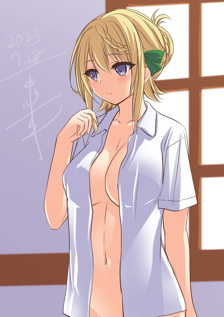 absurdres blonde_hair blush braid braided_bun dated female green_ribbons hair_bun hair_ribbon highres kantai_collection long_hair looking_to_the_side naked_shirt navel open_clothes open_shirt perth_(kancolle) purple_eyes ribbon shirt signature solo tadano_myoushi upper_body white_shirt