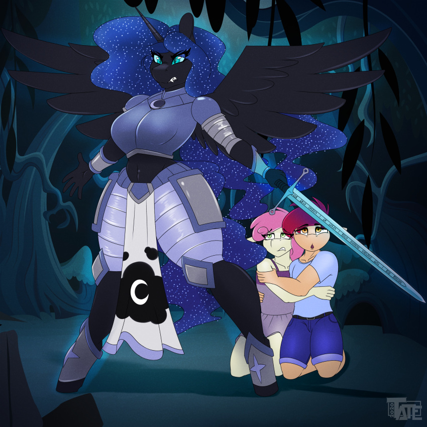 1:1 absurd_res alicorn anthro anthrofied armor blue_eyes equid equine fan_character fangs female friendship_is_magic group hasbro hi_res holding_each_other holding_melee_weapon holding_object holding_sword holding_weapon horn kneeling mammal melee_weapon my_little_pony mythological_creature mythological_equine mythology nightmare_moon_(mlp) protecting pupils slit_pupils sparkles spread_wings standing sword tatemil teeth trio weapon wings