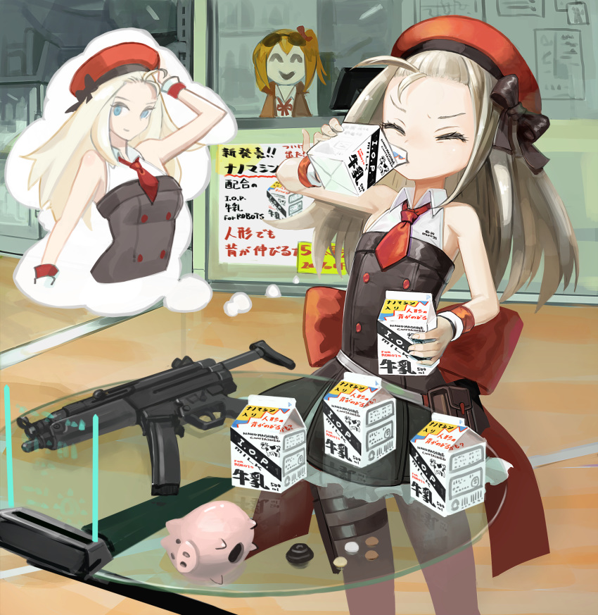 ^_^ aged_up belt_pouch beret blonde_hair blue_eyes bow buttons closed_eyes closed_mouth coin commentary double-breasted dress drinking eyewear_on_head facing_viewer female fingernails flat_chest girls'_frontline glass_table gun h&k_mp5 hat hat_bow highres holding imagining kalina_(girls'_frontline) kesomaru long_hair milk milk_carton mp5_(girls'_frontline) necktie piggy_bank pouch red_hat red_necktie ribbon short_necktie sleeveless sleeveless_dress solo submachine_gun table thought_bubble translated weapon wrist_ribbon