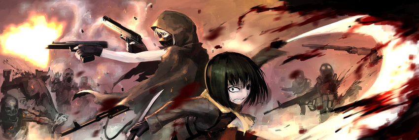 2girls assault_rifle back-to-back bad_id bad_pixiv_id battle blood canna_(hetza) cloak commentary_request dual_wielding firing gas_mask green_eyes gun hetza_(hellshock) holding hood mask multiple_girls muzzle_flash nagai_gojitsudan_no_nechronica navka_(hetza) one-eyed red_eyes rifle scarf short_hair short_sword skull smoke surrounded sword weapon zombie