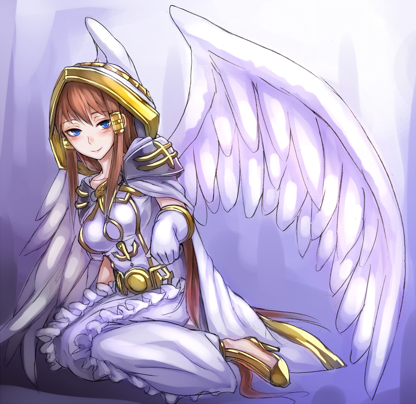 angel_wings blue_eyes blush breasts brown_hair commentary_request duel_monster female hair_ornament large_breasts long_hair looking_at_viewer minerva_lightsworn_maiden minerva_the_exalted_lightsworn sitting solo sukumo_(kemutai) wings yu-gi-oh!