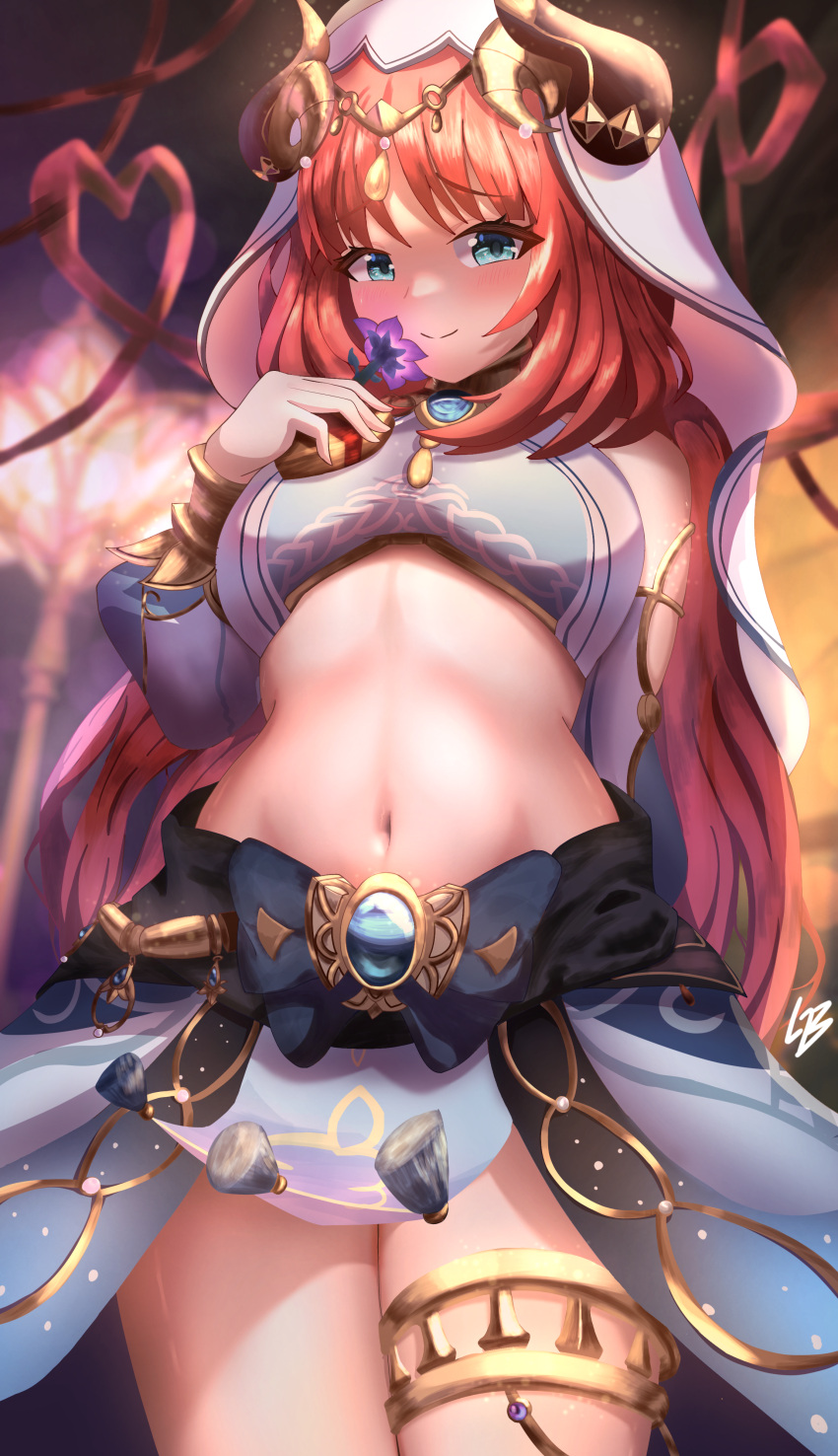 absurdres bare_shoulders blue_eyes blue_skirt breasts commentary cowboy_shot crop_top fake_horns female flower genshin_impact hand_up highres holding holding_flower horns indoors long_hair loob looking_at_viewer medium_breasts midriff navel nilou_(genshin_impact) purple_flower red_hair skirt smile solo standing stomach thighlet thighs veil very_long_hair