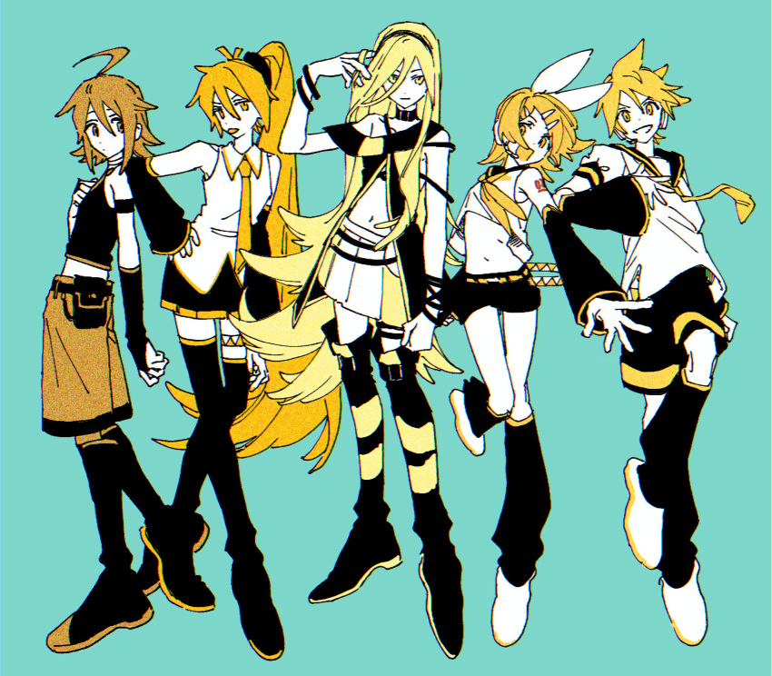 2boys 3girls ahoge akita_nero akita_neru alternate_eye_color antenna_hair black_collar black_footwear black_hairband black_shorts black_skirt blonde_hair blue_background boots bow bridal_gauntlets brother_and_sister collar color_connection colored_tongue cropped_shirt detached_sleeves elbow_gloves flapper_shirt flat_color floating_hair full_body gloves grin hair_between_eyes hair_color_connection hair_ornament hairband hairbow hairclip hand_on_own_chest hand_on_own_hip headset highres kagamine_len kagamine_rin kiii_4590 knee_boots leg_warmers lily_(vocaloid) lineup long_hair looking_at_viewer looking_to_the_side midriff multiple_boys multiple_girls navel neckerchief necktie number_tattoo pleated_skirt sailor_collar shirt shoes short_hair short_shorts short_sleeves shorts shoulder_tattoo siblings side_ponytail simple_background single_bare_shoulder skirt sleeveless sleeveless_shirt smile stomach tattoo thigh_boots tongue tongue_out v-shaped_eyebrows very_long_hair vocaloid white_skirt yellow_eyes yellow_nails yellow_neckerchief yellow_necktie yellow_shorts yellow_theme yellow_tongue