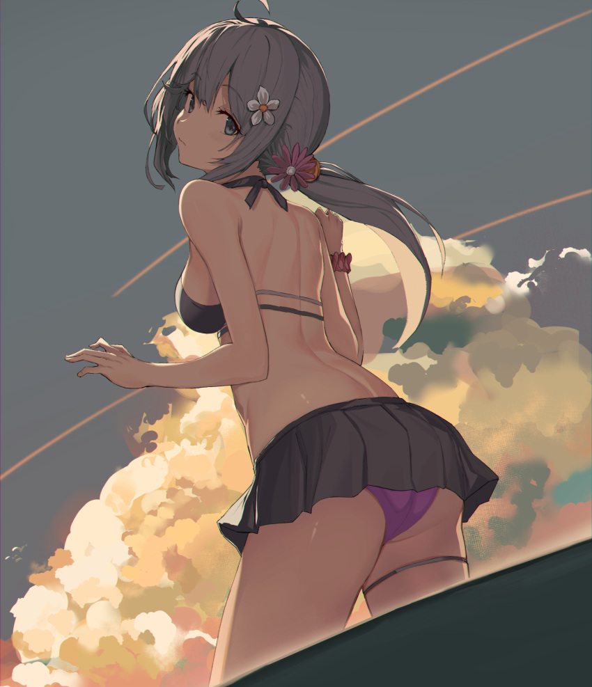 ahoge akebono_(kancolle) akebono_kai_ni_(swimsuit_mode)_(kancolle) ass bell bikini black_bikini blue_eyes blue_sky breasts closed_mouth cloud commentary female flower from_behind hair_bell hair_flower hair_ornament highres jingle_bell kantai_collection long_hair looking_at_viewer medium_breasts oweee ponytail purple_hair sky solo swimsuit