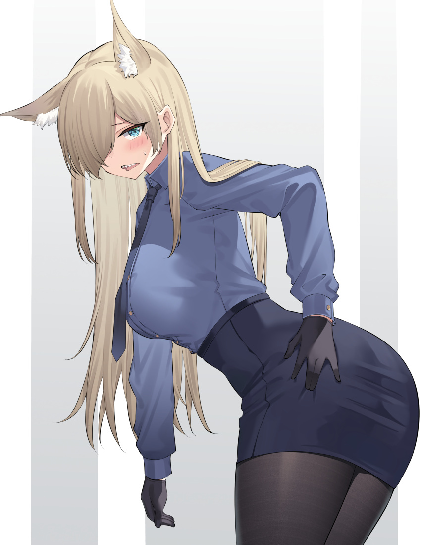 absurdres angel_no_shousou animal_ear_fluff animal_ears ass black_gloves black_skirt blonde_hair blue_archive blue_eyes blue_shirt blue_skirt breasts brown_pantyhose buttons collared_shirt cowboy_shot dog_ears dog_girl dress_shirt extra_ears female from_behind gloves hair_over_one_eye hand_on_own_hip high-waist_skirt highres kanna_(blue_archive) large_breasts leaning_forward long_hair long_sleeves looking_at_viewer looking_back miniskirt necktie open_mouth pantyhose pencil_skirt police police_uniform policewoman sharp_teeth shirt shirt_tucked_in skirt solo standing sweatdrop taut_clothes taut_skirt teeth thighs uniform