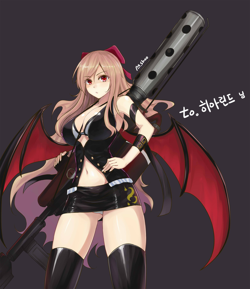 bad_id bad_pixiv_id bat_wings black_thighhighs blonde_hair bow breasts buckle buttons cleavage dungeon_and_fighter female female_gunner_(dungeon_and_fighter) female_launcher_(dungeon_and_fighter) flamethrower grey_background gunner_(dungeon_and_fighter) hairbow hand_on_own_hip highres korean_text large_breasts launcher_(dungeon_and_fighter) long_hair miniskirt navel panties parted_lips photoshop_(medium) red_eyes shaojiang simple_background skirt solo thighhighs underwear weapon white_panties wings