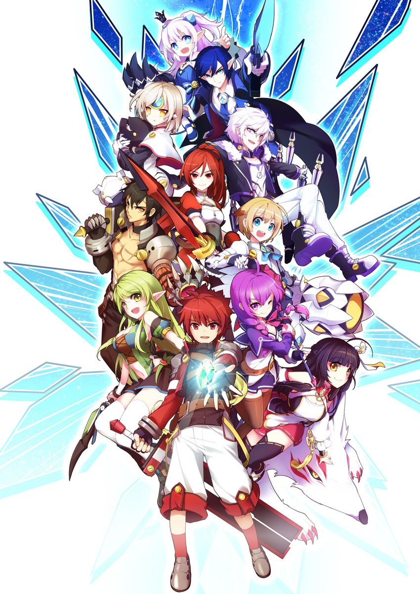 5boys 6+girls add_(elsword) ahoge aisha_landar another_code_(elsword) ara_haan ascot bad_id bad_pixiv_id black_hair black_legwear black_skirt blonde_hair blue_background blue_eyes blue_hair boots braid breasts brown_legwear chung_seiker ciel_(elsword) cleavage coat crown demon_power_(elsword) elesis_(elsword) elsword elsword_(character) eve_(elsword) everyone expressionless forehead_jewel free_knight_(elsword) gem green_eyes green_hair highres icedango_(dpopic3) knight_(elsword) large_breasts little_xia_(elsword) long_hair looking_at_viewer luciela_r._sourcream magician_(elsword) medium_breasts mini_crown multiple_boys multiple_girls muscular one_eye_closed pants pointy_ears ponytail purple_eyes purple_hair purple_skirt ranger_(elsword) raven_cronwell red_eyes red_hair red_skirt rena_erindel scar shawl shirt shoes shorts skirt small_breasts staff sword symbol-shaped_pupils taker_(elsword) thigh_boots thighhighs topless_male tracer_(elsword) twin_braids two_side_up weapon white_footwear white_hair white_pants yellow_eyes