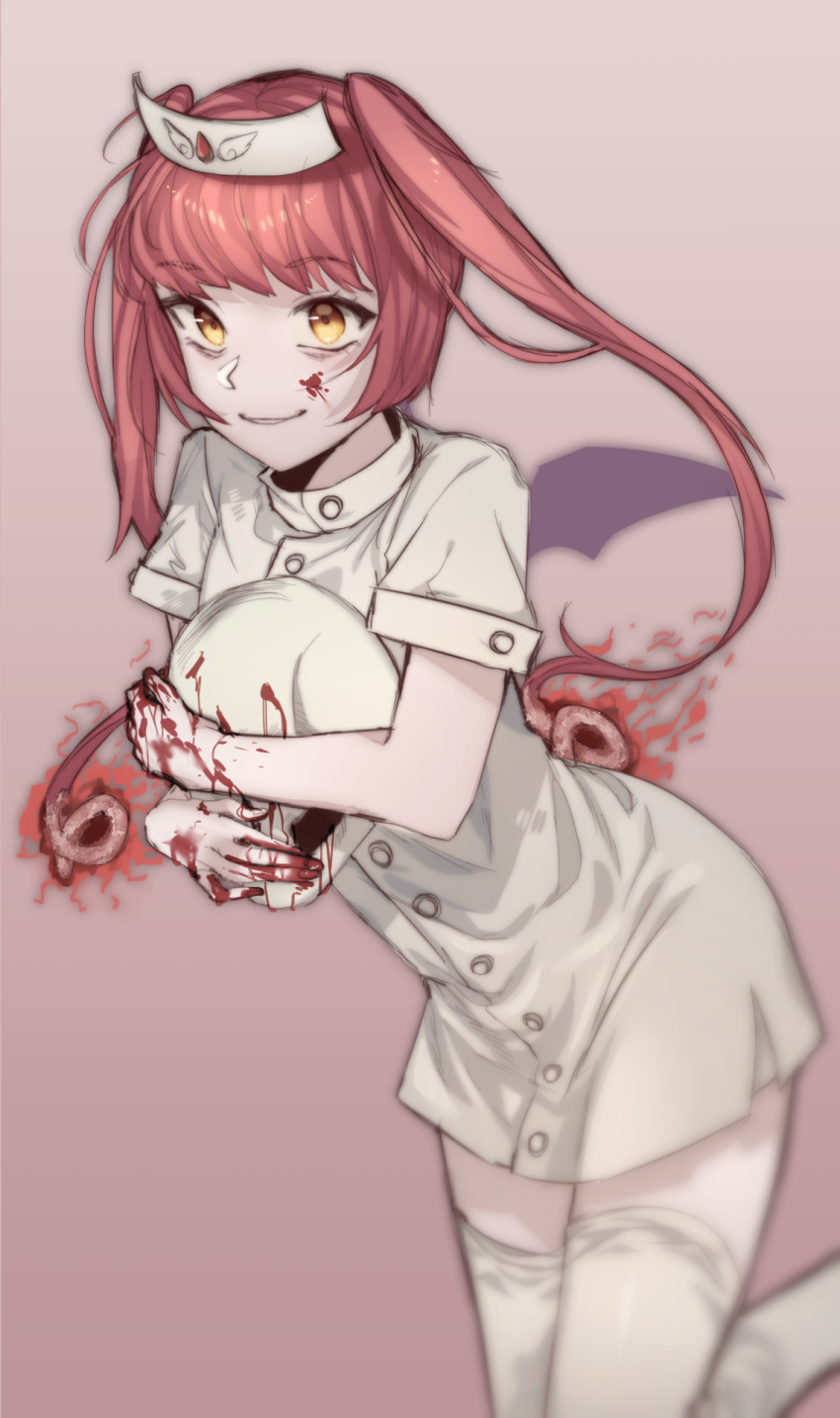 blood bloody_clothes bloody_hands ebola-chan female hat highres long_hair nurse nurse_cap open_eyes pink_background pink_hair skull smile socks_over_thighhighs twintails who-is-noxes yellow_eyes