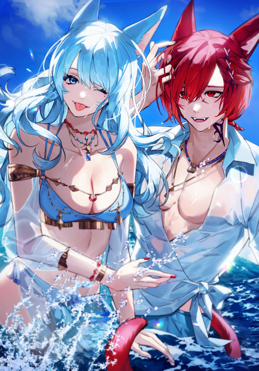 1boy absurdres animal_ears archon_mark armlet bamen_ff14 bikini blue_bikini blue_eyes blue_sky bracelet breasts cat_boy cat_ears cat_girl cat_tail cleavage couple facial_mark fangs female final_fantasy final_fantasy_xiv g'raha_tia hair_ornament highres in_water jewelry male_swimwear medium_breasts miqo'te nail_polish neck_tattoo necklace ocean oerba_yun_fang outdoors pectoral_cleavage pectorals red_eyes red_hair sarong see-through see-through_sarong see-through_shirt see-through_sleeves shirt sky straight swim_trunks swimsuit tail tattoo tongue tongue_out warrior_of_light_(ff14) waves whisker_markings white_hair