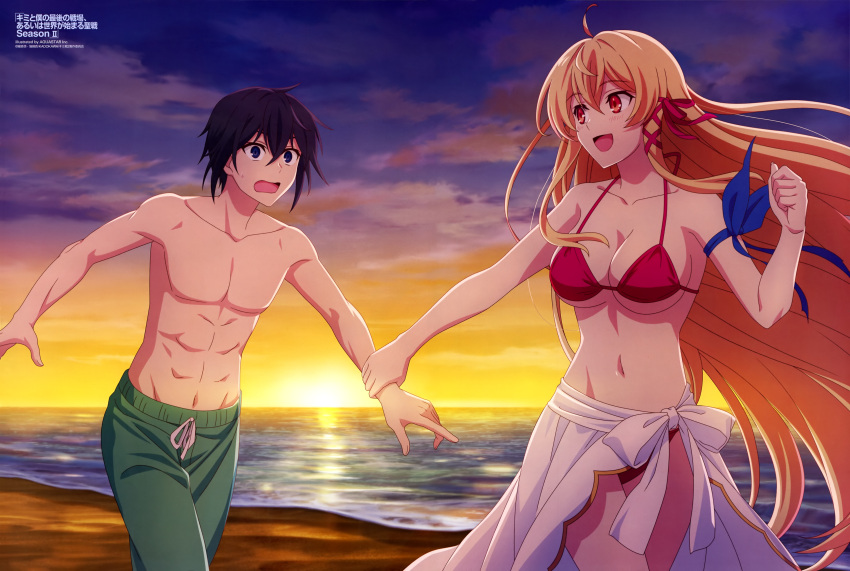 1boy :d absurdres aliceliese_lou_nebulis_ix bare_arms beach bikini black_eyes black_hair blonde_hair breasts cleavage collarbone copyright_name eye_contact female floating_hair groin hair_ribbon halterneck highres holding_another's_wrist iska_(kimisen) kimi_to_boku_no_saigo_no_senjou_arui_wa_sekai_ga_hajimaru_seisen long_hair looking_at_another male_swimwear navel ocean open_mouth outdoors red_bikini red_eyes red_ribbon ribbon running sarong short_hair sideboob smile sunset swimsuit topless_male underboob very_long_hair wavy_mouth