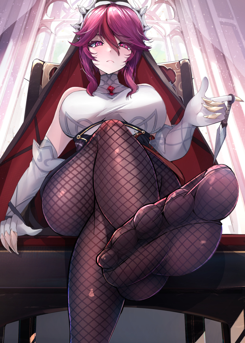 bare_shoulders blush breasts elbow_gloves feet female fishnet_pantyhose fishnets foot_focus foreshortening genshin_impact gloves hair_between_eyes highres large_breasts looking_at_viewer multicolored_hair pantyhose presenting_foot purple_eyes purple_hair red_eyes red_hair rosaria_(genshin_impact) short_hair soles solo streaked_hair sukesan toes veil white_gloves