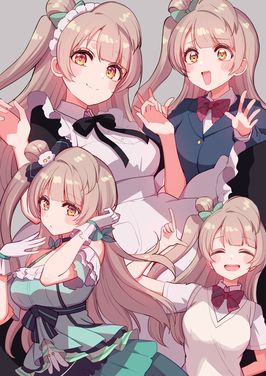 absurdres birthday blush breasts closed_eyes commentary cream_(nipakupa) female grey_background grey_hair highres long_hair looking_at_viewer love_live! love_live!_school_idol_project maid medium_breasts minami_kotori multiple_views one_side_up otonokizaka_school_uniform school_uniform upper_body yellow_eyes