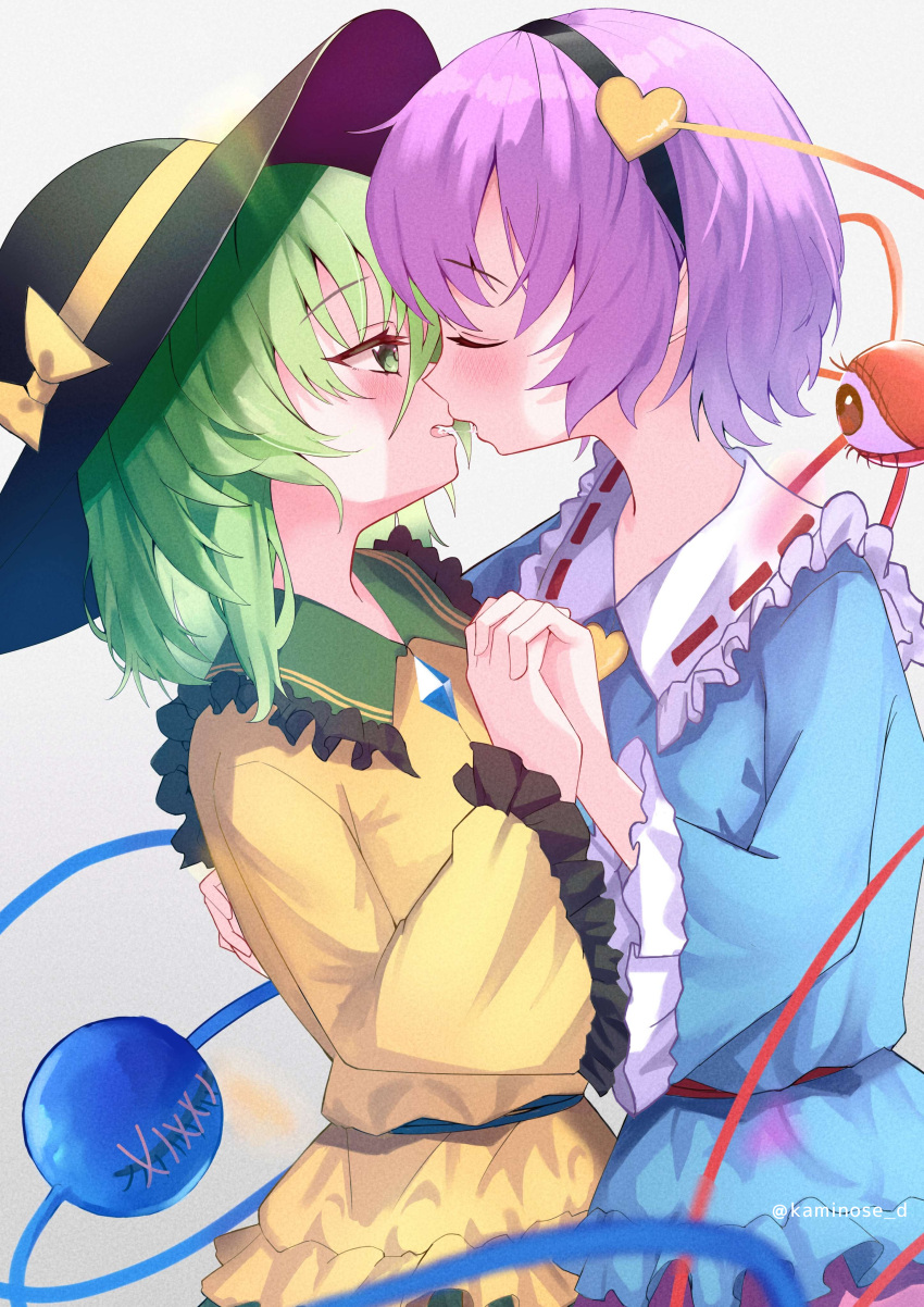 2girls absurdres after_kiss arm_around_waist black_hairband black_hat blue_shirt blush bow buttons commentary cowboy_shot diamond_button eyelashes facing_another film_grain french_kiss frilled_shirt_collar frilled_sleeves frills from_side green_eyes green_hair hairband hand_up hat hat_bow heart_button highres holding_hands hug incest interlocked_fingers kaminose_(user_veum4325) kissing komeiji_koishi komeiji_satori long_sleeves looking_at_another medium_hair multiple_girls open_mouth pink_hair profile red_eyes ribbon-trimmed_collar ribbon_trim saliva saliva_trail shirt short_hair siblings simple_background sisters sun_hat third_eye touhou tsurime twitter_username wide_sleeves yellow_bow yellow_shirt yuri