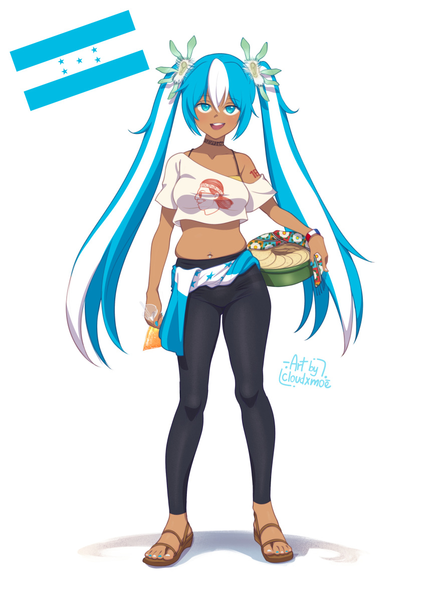 absurdres aqua_eyes aqua_hair black_pants bracelet cloudxmoe feet female full_body hatsune_miku highres holding honduran_flag honduras jewelry legs long_hair looking_at_viewer midriff multicolored_hair nail_polish navel off-shoulder_shirt off_shoulder pants print_shirt sandals shadow shirt short_sleeves signature simple_background solo standing streaked_hair toenail_polish toenails toes very_long_hair vocaloid white_background white_hair white_shirt