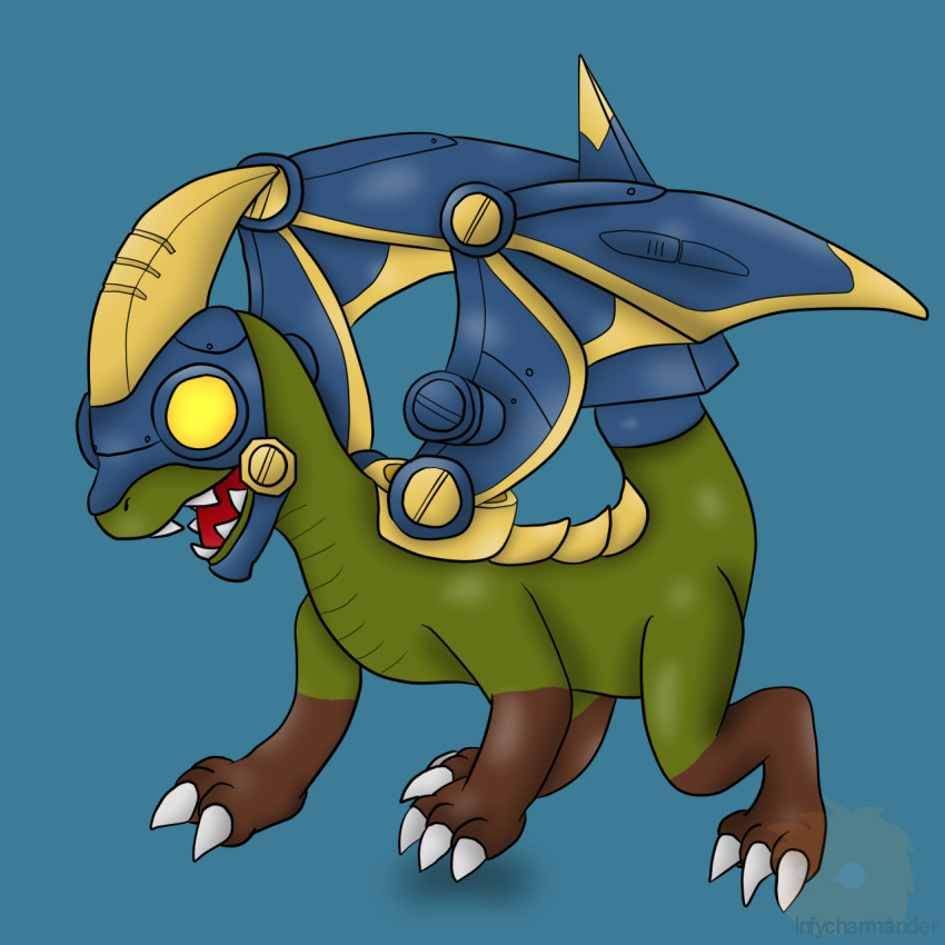 2012 activision artist_name blue_background blue_tail blue_wings claws colored digital_media_(artwork) dragon drobot_(skylanders) feral green_body hi_res infycharmander male mythological_creature mythological_scalie mythology open_mouth red_tongue robot_suit robotic scalie shaded sharp_teeth simple_background skylanders solo tail teeth tongue white_claws wings