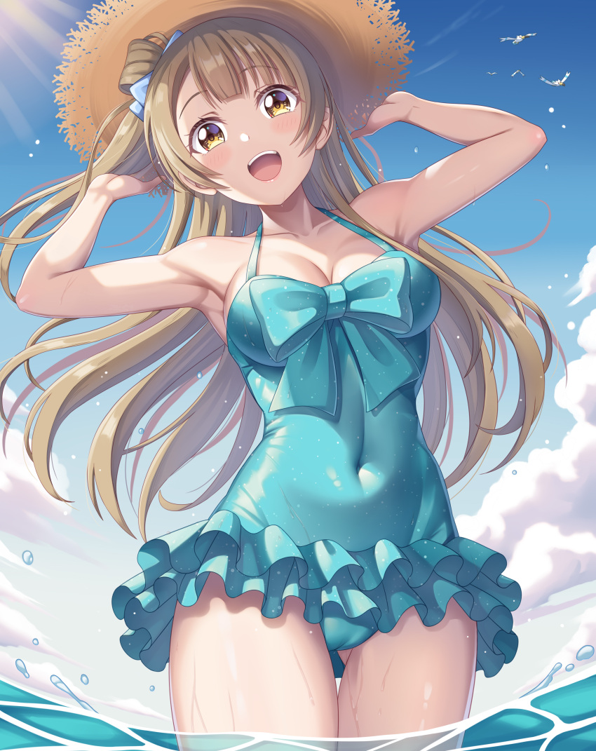 absurdres birthday blue_sky blush breasts cleavage cloud cloudy_sky collarbone commentary crossover female hat highres light_brown_hair long_hair looking_at_viewer love_live! love_live!_school_idol_project medium_breasts minami_kotori one-piece_swimsuit one_side_up pokemon pokemon_(creature) sky solo_focus swimsuit tsukimi_seiya upper_body water wingull yellow_eyes