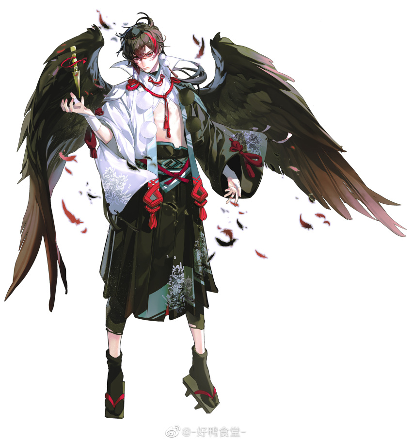 1boy bird_wings black_hair black_hakama black_haori black_leggings black_socks black_wings bracer chinese_commentary closed_mouth clothing_cutout collared_shirt commentary_request dagger feathered_wings feathers full_body geta grey_footwear hair_between_eyes hakama hakama_skirt haori haoya_shitang high_collar highres japanese_clothes knife leggings long_hair long_sleeves low_ponytail male_focus messy_hair multicolored_hair object_floating_above_hand original outstretched_hand pom_pom_(clothes) red_eyes red_hair shirt simple_background skirt sleeve_ribbon socks solo standing stomach_cutout streaked_hair tabi tachi-e torn_clothes torn_leggings two-tone_haori very_long_hair weapon weibo_watermark white_background white_haori white_shirt wide_sleeves wings