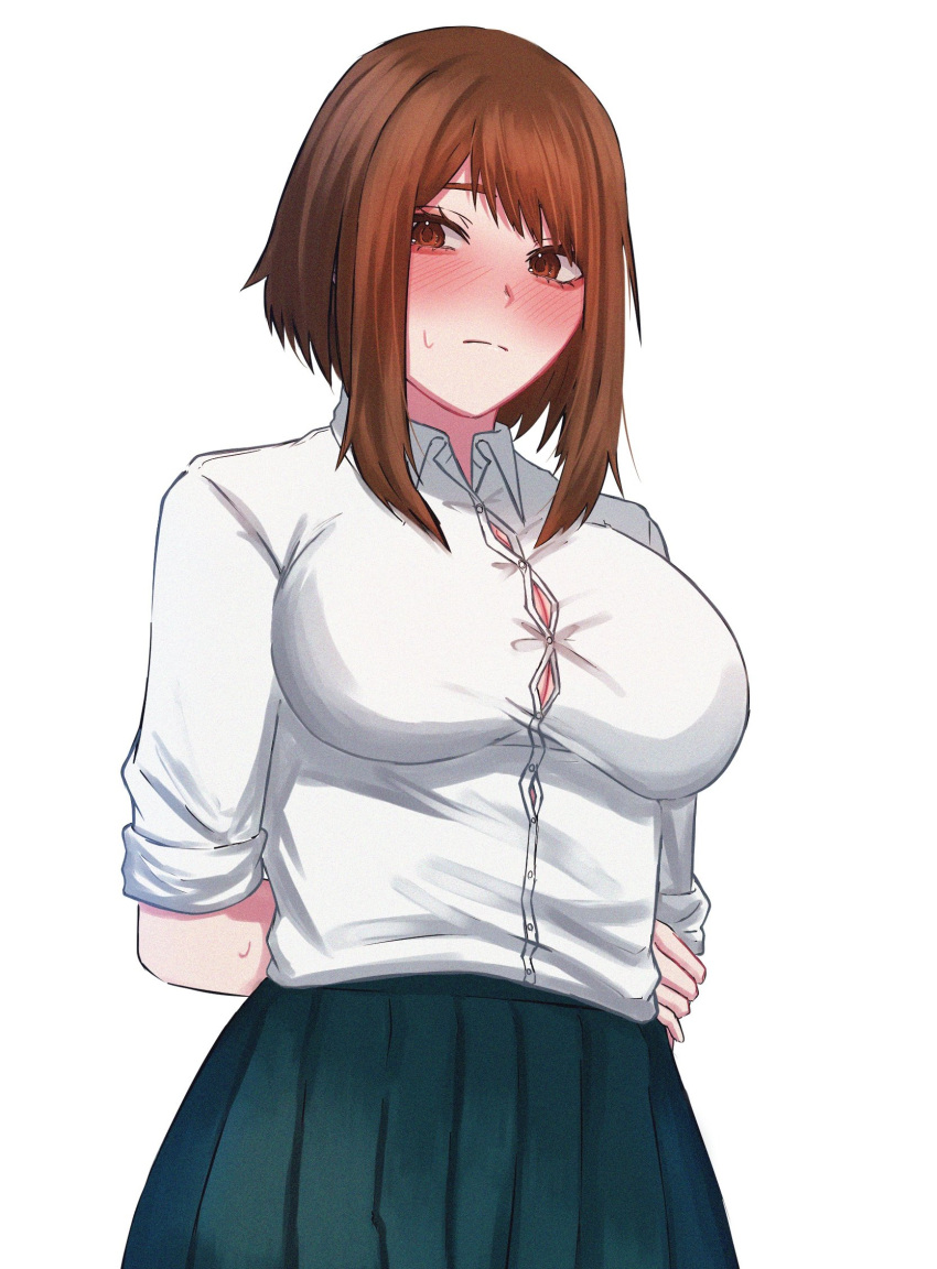 arms_behind_back azu_sawa1131 black_skirt blush bob_cut boku_no_hero_academia breasts brown_eyes brown_hair bursting_breasts button_gap closed_mouth collared_shirt commentary cowboy_shot dress_shirt embarrassed epicanthic_folds eyelashes female film_grain from_below hand_on_own_arm highres inverted_bob large_breasts light_frown looking_at_viewer looking_down nervous nervous_sweating nose_blush pleated_skirt raised_eyebrows shirt short_hair sidelocks skirt sleeves_rolled_up solo standing sweat sweatdrop swept_bangs tight_clothes tight_shirt uraraka_ochako white_shirt