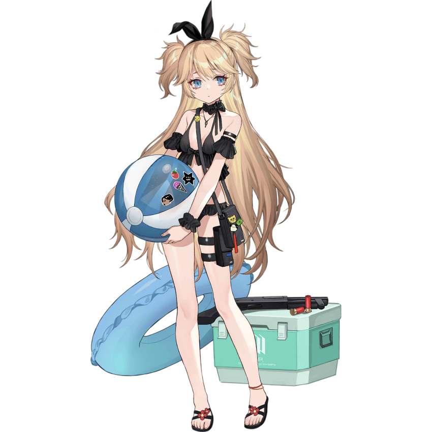 animal_ear_hairband animal_ears badge bag ball beachball bikini black_bag black_bikini black_choker black_footwear black_hairband black_scrunchie blonde_hair blue_eyes blue_innertube breasts button_badge choker closed_mouth cooler expressionless fake_animal_ears feet female flower footwear_flower frilled_bikini frilled_choker frilled_innertube frills full_body girls'_frontline haijin hairband highres holding holding_ball holding_beachball long_hair looking_at_viewer official_alternate_costume official_art pouch rabbit_ear_hairband rabbit_ears sandals scrunchie serbu_super-shorty shotgun_shell shoulder_bag simple_background small_breasts solo standing sticker super-shorty_(girls'_frontline) super-shorty_(little_midnight_angelfish)_(girls'_frontline) swimsuit thigh_pouch third-party_source toes transparent_background two_side_up very_long_hair wrist_scrunchie