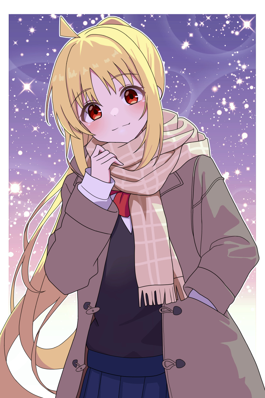 :3 absurdres ahoge black_sweater blonde_hair blue_skirt bocchi_the_rock! border brown_coat brown_scarf closed_mouth coat female hair_intakes hand_in_pocket head_tilt highres ijichi_nijika long_hair long_sleeves looking_at_viewer open_clothes open_coat outside_border pleated_skirt ponytail red_eyes scarf skirt smile solo standing sweater vector_(dmlddmld00) white_border