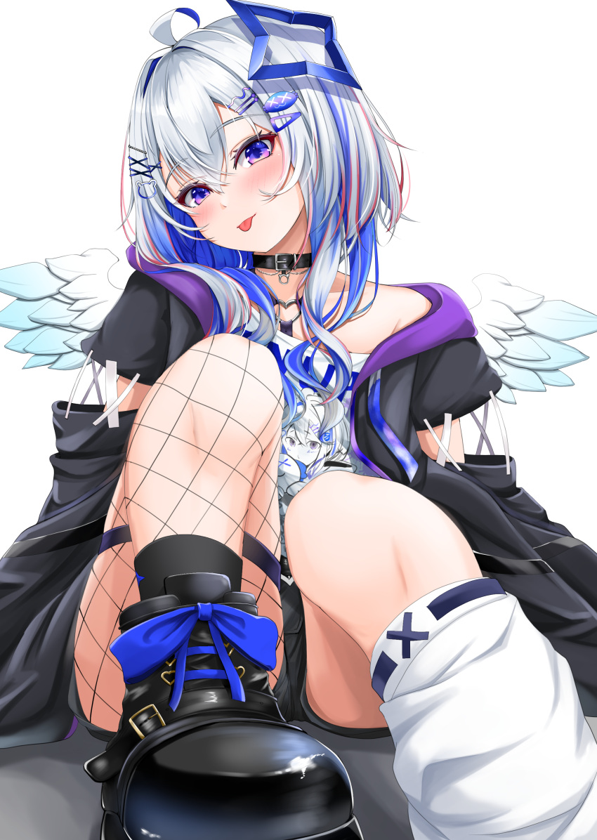 absurdres ahoge amane_kanata amane_kanata_(punk_rock) angel_wings ankle_boots asymmetrical_legwear bear_hair_ornament belt_collar black_collar black_footwear black_jacket black_shorts blue_hair blue_halo blue_wings blush boots bow character_hair_ornament character_print chest_harness collar colored_inner_hair commentary_request detached_sleeves feathered_wings female fishnet_pantyhose fishnets footwear_bow foreshortening gradient_wings grey_hair hachi7515 hair_ornament hairclip halo harness heart_o-ring highres hololive hood hooded_jacket jacket knees_up looking_at_viewer medium_hair mini_wings mismatched_legwear multicolored_hair multicolored_wings o-ring o-ring_harness official_alternate_costume official_alternate_hairstyle open_clothes open_jacket pantyhose pink_hair print_shirt punk purple_eyes self_character_print shirt short_shorts shorts sidelocks simple_background single_bare_shoulder single_hair_intake single_leg_pantyhose single_loose_sock sitting sleeves_past_fingers sleeves_past_wrists socks socks_over_pantyhose solo star_halo streaked_hair t-shirt thigh_strap upao_(amane_kanata) virtual_youtuber wavy_hair white_background white_shirt white_socks white_wings wings x_hair_ornament