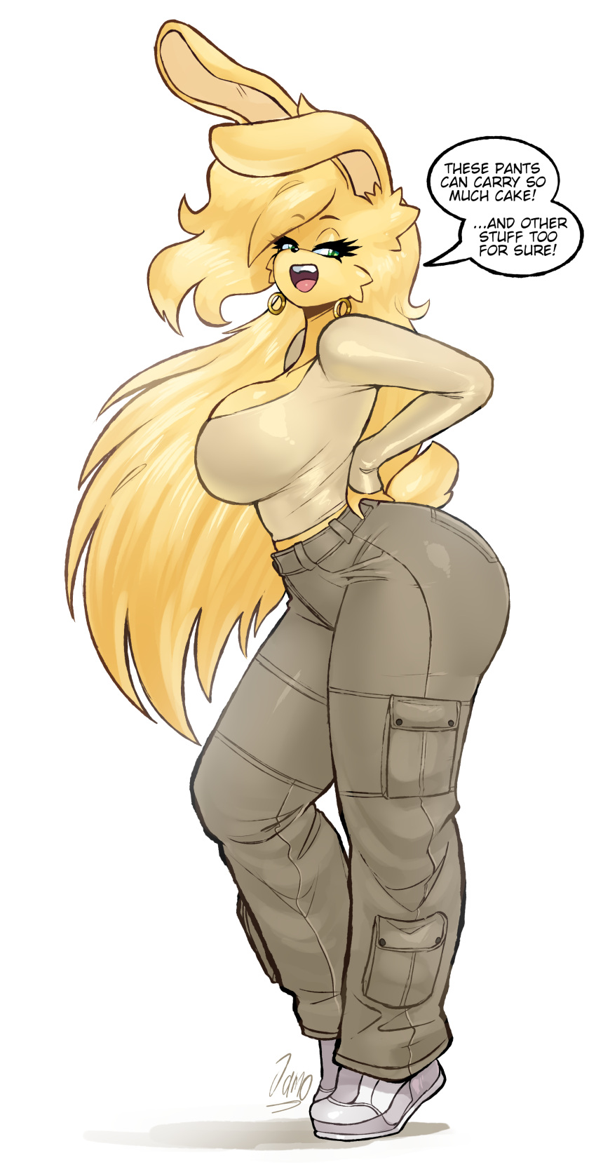 absurd_res anthro ass big_breasts big_butt bottomwear breasts cargo_pants clothing ear_piercing ear_ring english_text female hi_res jamoart katie_(jamoart) lagomorph leaning leaning_forward leporid looking_at_viewer mammal pants piercing pose rabbit ring_piercing solo talking_to_viewer text