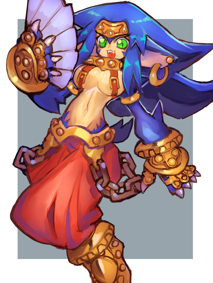 animal_ear_piercing animal_ears animal_hands baggy_pants belt_bra belt_chain big_hair blue_fur blue_hair body_fur breasts cat_ears cat_girl chains claws collar dakusuta earrings fangs female fingerless_gloves folding_fan full_body gauntlets gloves gold gold_armlet gold_belt gold_circlet gold_gloves green_eyes hand_fan hand_up highres holding holding_fan hoop_earrings jewelry large_breasts long_hair long_pointy_ears long_sidelocks looking_at_viewer monster_girl navel open_mouth pants panzer_bandit pointy_ears red_pants senka_(panzer_bandit) short_tail slit_pupils smile solo spiked_collar spikes tail topless v-shaped_eyebrows