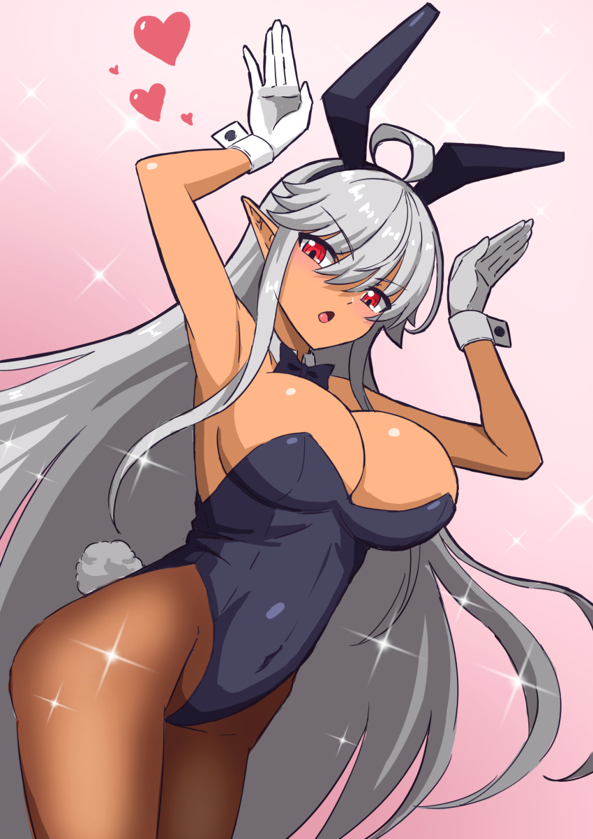 ahoge animal_ears armpits black_bow black_bowtie black_leotard bow bowtie breasts brown_pantyhose cleavage covered_navel dark_elf elf erinnyes eyebrows_hidden_by_hair fake_animal_ears fake_tail female gloves groin hair_between_eyes heart highres large_breasts leotard long_hair looking_at_viewer open_mouth pantyhose playboy_bunny pointy_ears rabbit_ears rabbit_pose rabbit_tail reanette_elfelt red_eyes shinmai_ossan_bokensha simple_background solo sparkle tail very_long_hair white_gloves white_hair