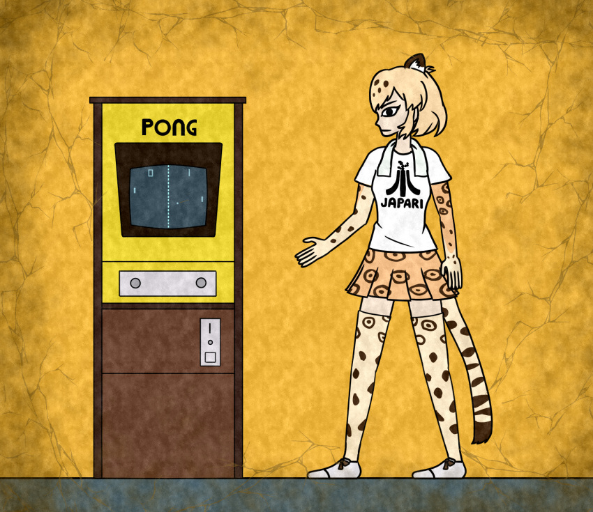 animal_ears arcade_cabinet arm_at_side atari black_eyes blonde_hair brand_name_imitation closed_mouth clothes_writing commentary_request crack egyptian_art female from_side full_body highres jaguar_(kemono_friends) jaguar_ears jaguar_print jaguar_tail kemono_friends kita_(7kita) legs_apart parody pleated_skirt pong profile pun retro_artstyle shirt short_hair short_sleeves skirt solo standing tail thighhighs towel towel_around_neck white_footwear white_shirt yellow_background zettai_ryouiki