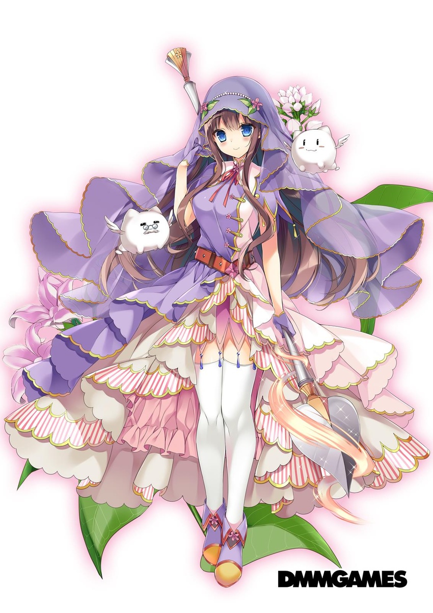 ankle_boots arm_at_side bare_arms belt blue_eyes blush boots breasts brown_hair closed_mouth commentary_request creature dmm dress eyes_visible_through_hair facial_hair female flower flower_knight_girl full_body gem glasses gloves highres holding holding_staff kagami_(flower_knight_girl) layered_dress layered_skirt long_hair looking_at_viewer masushita medium_breasts moustache official_art pearl_(gemstone) pink_flower polearm_behind_back purple_footwear purple_gloves sidelocks skirt smile solo staff standing tareme thighhighs veil very_long_hair white_background white_flower white_thighhighs zettai_ryouiki