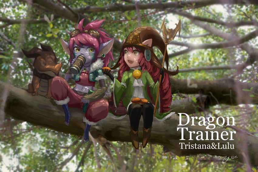 absurdres alternate_costume bad_id bad_pixiv_id branch character_name chinese_commentary chinese_text colored_skin commentary_request dragon dragon_trainer_lulu dragon_trainer_tristana drinking english_text hat highres in_tree league_of_legends long_hair lulu_(league_of_legends) multiple_girls purple_hair purple_skin riggle_(league_of_legends) sitting sitting_in_tree staff tree tristana yordle zavir