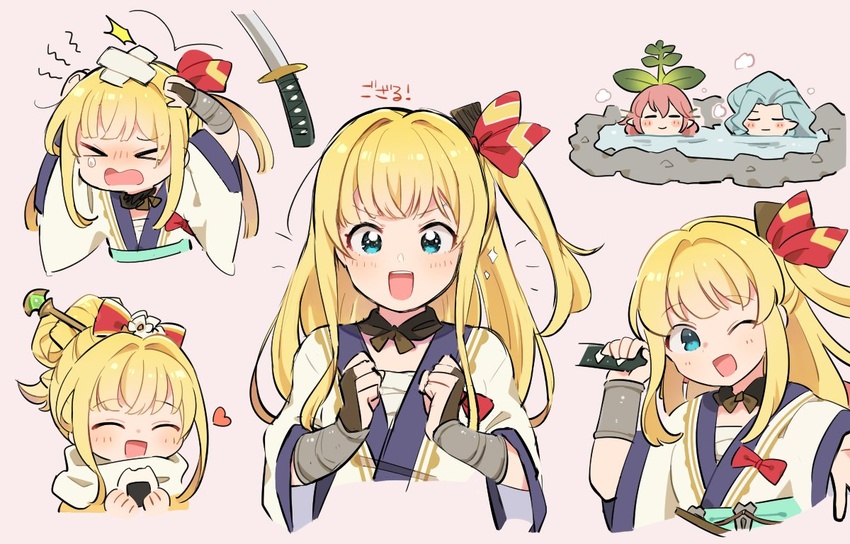 >_< 3girls bandaid blonde_hair bridal_gauntlets chibi choker closed_eyes eno_(preno_gb) food granblue_fantasy hair_ornament hairpin heart holding holding_sword holding_weapon injury japanese_clothes katana kimono long_hair looking_at_viewer mirin_(granblue_fantasy) multiple_girls multiple_views one_eye_closed onigiri open_mouth pink_background sarashi scarf side_ponytail sidelocks simple_background sword tears tiamat_(granblue_fantasy) upper_body vambraces weapon wide_sleeves yggdrasil_(granblue_fantasy)