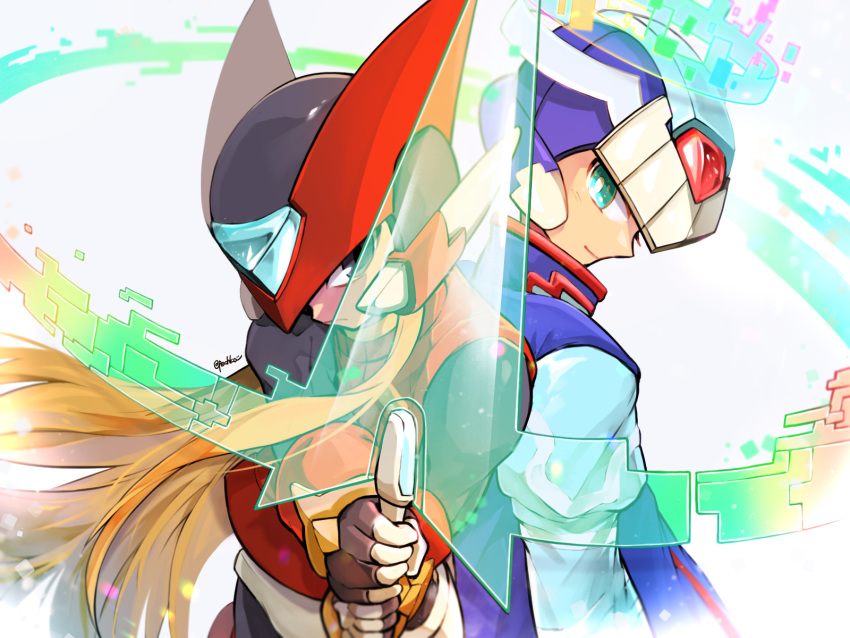 4:3 android armor black_bodysuit black_clothing black_skinsuit blonde_hair blue_clothing blue_eyes bodysuit capcom clothing duo hair halo headgear helmet hi_res humanoid machine male mega_man_(series) mega_man_x_(character) mega_man_zero melee_weapon pechka red_clothing reploid robot simple_background skinsuit sword tight_clothing weapon white_background zero_(mega_man)