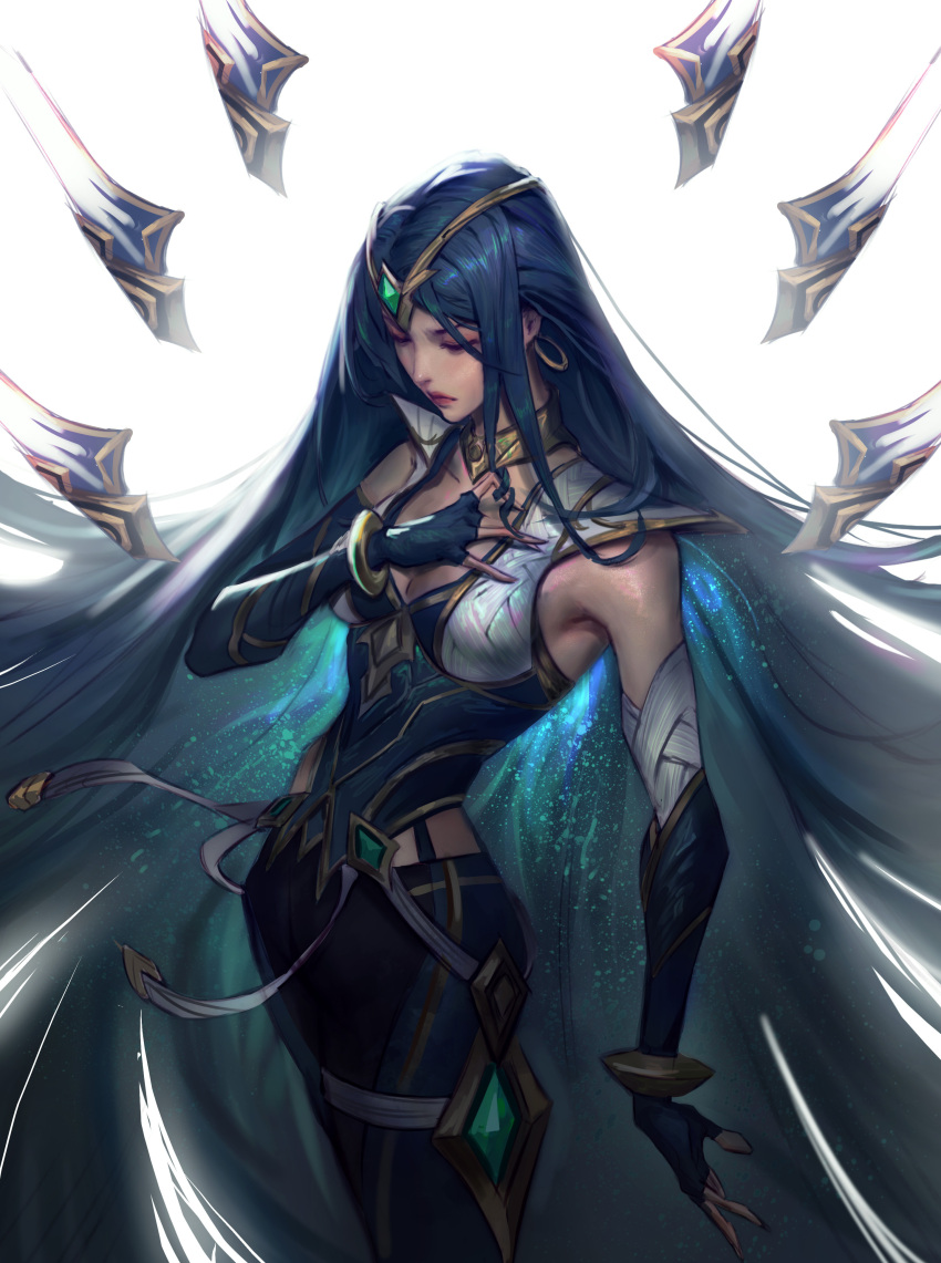 absurdly_long_hair absurdres black_gloves blade blue_hair bracelet breasts cleavage closed_eyes collarbone elbow_gloves english_commentary female fingerless_gloves floating_hair gem gloves green_gemstone hair_ornament hand_on_own_chest haotian_gruru highres irelia jewelry league_of_legends light long_hair medium_breasts multiple_swords parted_bangs pink_lips sentinel_(league_of_legends) sentinel_irelia sidelocks simple_background solo standing thighs v-shaped_eyebrows very_long_hair white_background