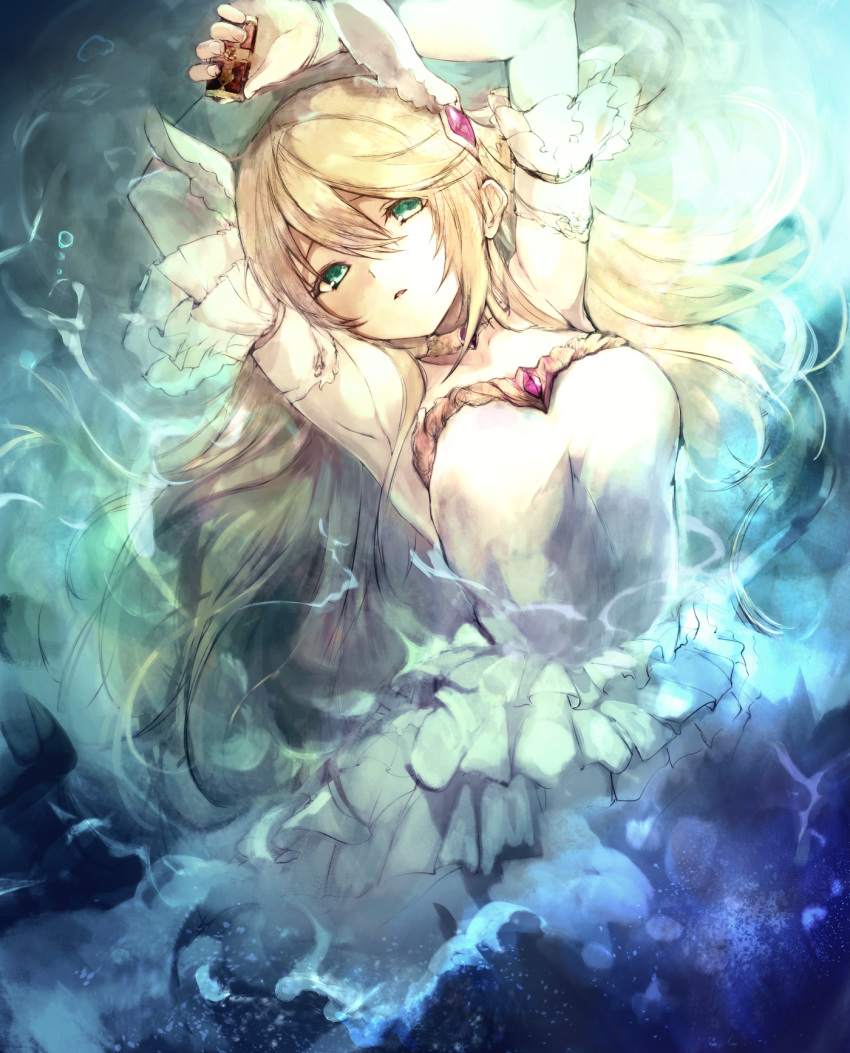 agulo armpits arms_up bare_shoulders blonde_hair choker dress female floating_hair frills gem green_eyes hair_spread_out highres jewelry long_hair looking_at_viewer rance_(series) rance_ix sheila_helman solo underwater water white_dress