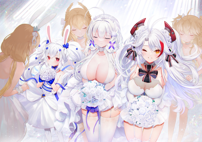 6+girls 61um adjusting_clothes admiral_hipper_(azur_lane) alternate_costume animal_ears azur_lane bare_shoulders benson_(azur_lane) blonde_hair blue_ribbon bouquet breasts center_opening closed_eyes dress elbow_gloves fake_animal_ears flower gloves hair_flower hair_ornament hair_ribbon halter_dress halterneck headgear highres holding holding_bouquet huge_breasts illustrious_(azur_lane) illustrious_(morning_star_of_love_and_hope)_(azur_lane) lace-trimmed_legwear lace_trim laffey_(azur_lane) laffey_(white_rabbit's_oath)_(azur_lane) large_breasts laurel_crown long_hair looking_at_viewer mole mole_on_breast mole_under_eye multicolored_hair multiple_girls official_alternate_costume one_eye_closed pantyhose pink_flower prinz_eugen_(azur_lane) prinz_eugen_(symphonic_fate)_(azur_lane) rabbit_ears red_eyes red_hair revision ribbon rose short_dress sleeveless sleeveless_dress strapless strapless_dress streaked_hair thighhighs tri_tails twintails two-tone_hair victorious_(azur_lane) wedding_dress white_dress white_flower white_garter_straps white_gloves white_hair white_pantyhose white_ribbon white_rose white_thighhighs yellow_eyes zettai_ryouiki