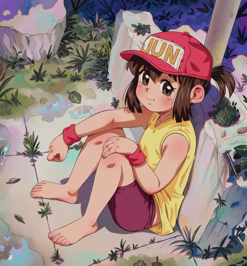 bakusou_kyoudai_let's_&_go!! banned_artist barefoot baseball_cap bike_shorts brown_eyes brown_hair dfer feet female from_above hand_on_own_knee hat highres legs looking_at_viewer looking_up outdoors ponytail purple_shorts red_headwear sagami_jun shirt short_hair shorts sitting sleeveless sleeveless_shirt smile solo toes wristband yellow_shirt