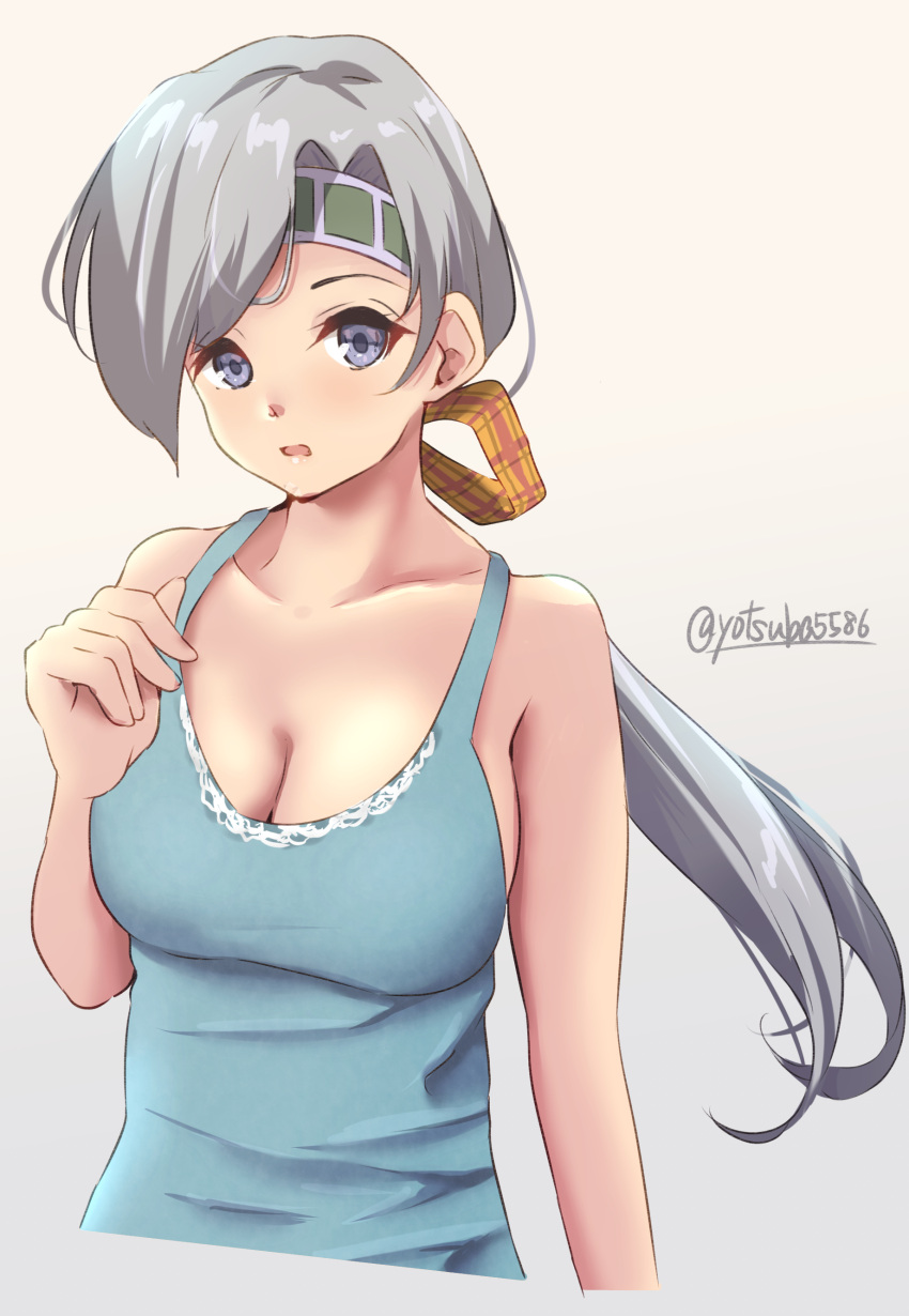 absurdres alternate_costume blue_tank_top chitose_(kancolle) commentary_request cropped_torso female grey_background grey_eyes grey_hair highres kamikitayotsuba kantai_collection long_hair low_ponytail one-hour_drawing_challenge ponytail simple_background solo tank_top twitter_username upper_body