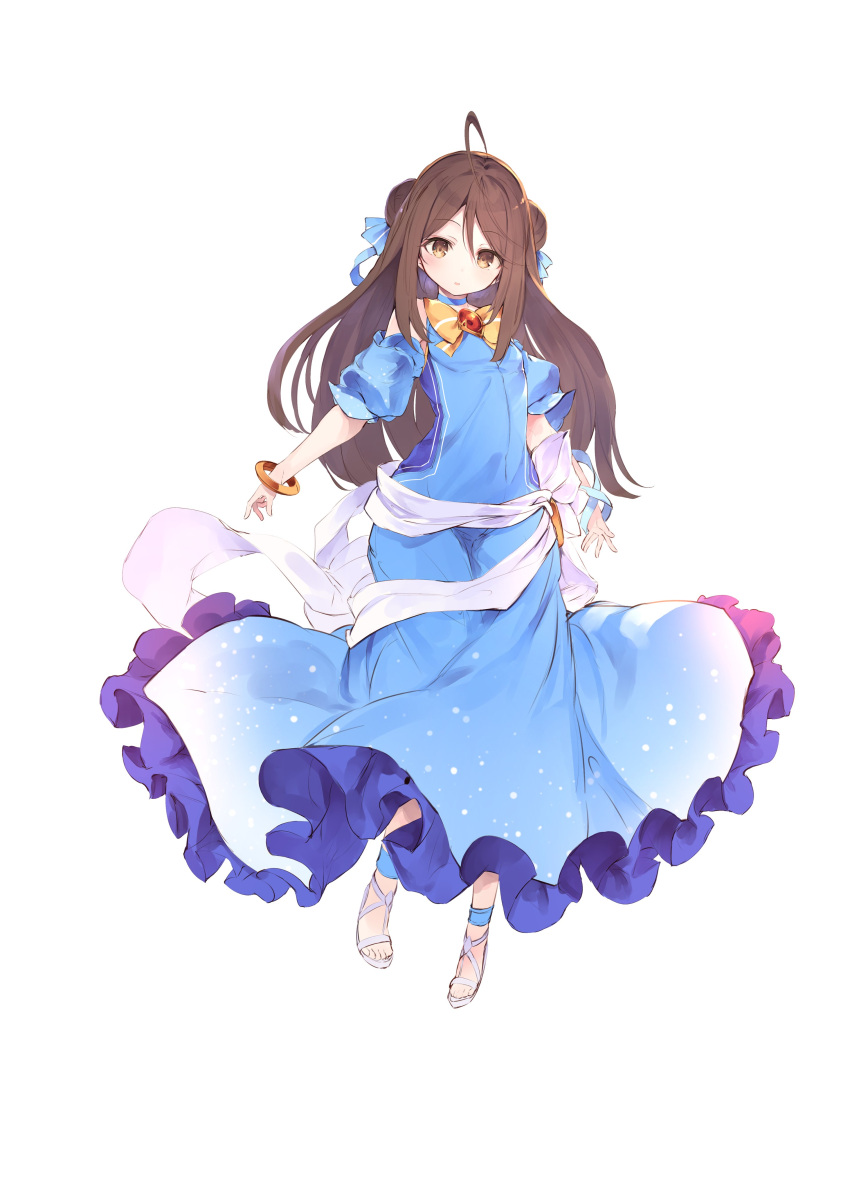 absurdres ahoge blue_bow blue_dress blue_sleeves blush bow bowtie bracelet brown_eyes brown_hair detached_sleeves dress fal_maro falanya_elk_arbalest female floating_hair full_body hair_between_eyes hairbow highres jewelry long_dress long_hair looking_at_viewer sash short_sleeves simple_background solo standing tensai_ouji_no_akaji_kokka_saiseijutsu very_long_hair white_background yellow_bow yellow_bowtie