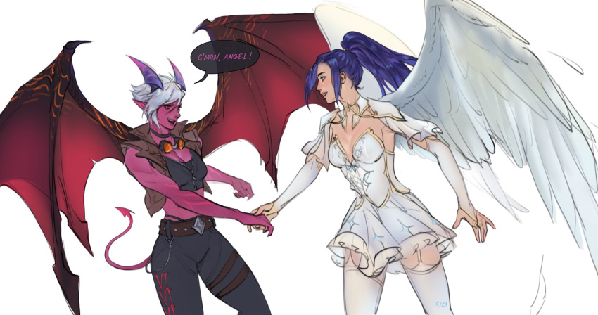 2girls :d alternate_costume angel angel_wings belt black_choker black_pants blue_hair breasts brown_belt caitlyn_(league_of_legends) character_name choker cleavage colored_skin cowboy_shot demon_girl demon_horns demon_tail demon_vi demon_wings dress english_text garter_straps goggles goggles_around_neck grey_hair highres holding_hands horns large_breasts large_wings league_of_legends looking_at_another medium_breasts multiple_girls official_alternate_costume pants pointy_ears ponytail purple_horns red_eyes red_skin red_tail red_wings ribbedtank simple_background smile speech_bubble tail thighhighs vi_(league_of_legends) white_background white_dress white_thighhighs wings