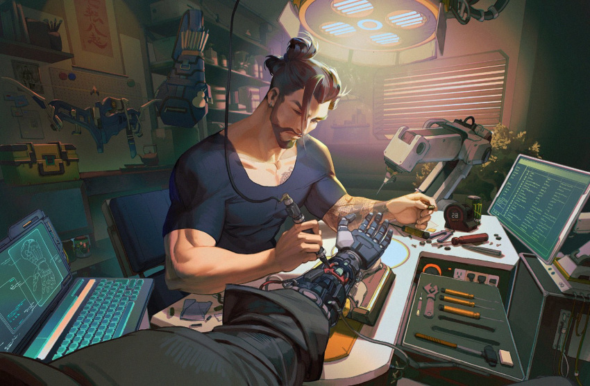 2boys arm_tattoo beard black_hair black_shirt bow cassidy_(overwatch) computer earrings english_commentary et.m facial_hair hanzo_(overwatch) highres holding jewelry laptop looking_down male_focus mechanical_arms moustache multiple_boys muscular muscular_male open_hand overwatch overwatch_1 pliers pov repairing science_fiction screwdriver shirt single_mechanical_arm solo_focus tattoo tied_hair wrench