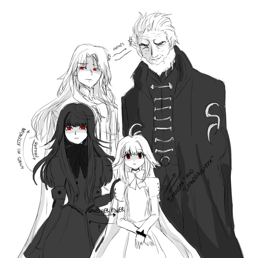 2boys 2girls altrouge_brunestud arcueid_brunestud brunestud_of_the_crimson_moon cape character_request closed_eyes dress facial_hair family fate_(series) father_and_daughter grandfather_and_granddaughter greyscale hair_intakes highres kischur_zelretch_schweinorg long_hair long_sleeves monochrome multiple_boys multiple_girls no_01r old old_man red_eyes shaded_face short_hair smile spot_color tsukihime very_long_hair